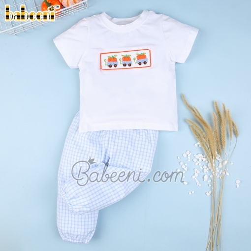 Cute smocked Thanksgiving pumpkin blue windowpane long set - BB2132