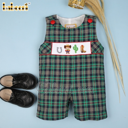 Smocked western cowboyboy green and black tartan shortall - BB1924