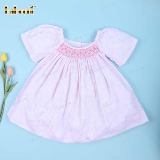 Smocked Geometric Bishop Dress In Pink For Girl - BB3145