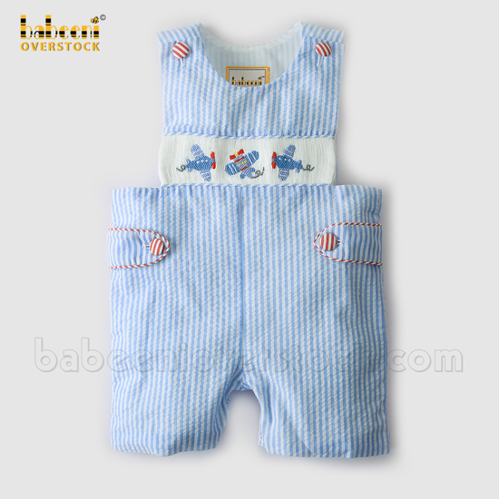 Smocked airplane boy blue striped seersucker shortall - BB2139