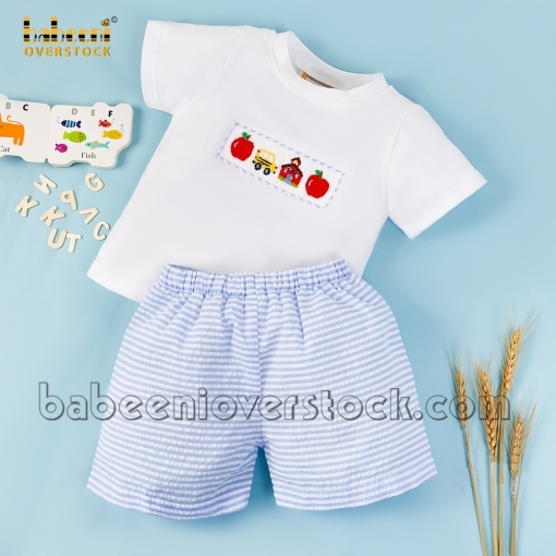 School bus smock boy short set blue stripe seersucker - BB2159