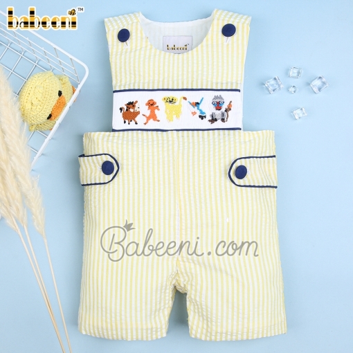 Smocked lion king boy yellow striped seersucker shortall - BB2464