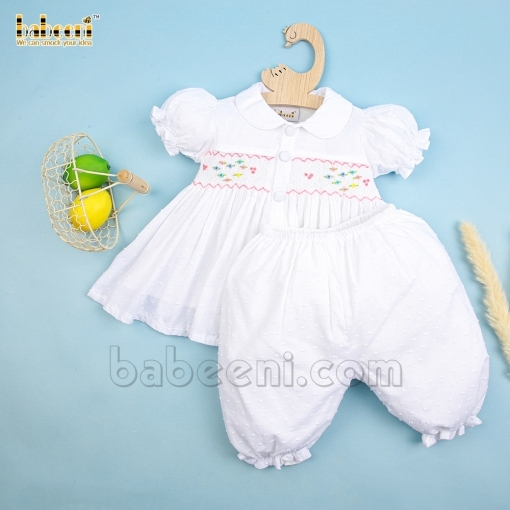 Lovely geometric white hand smocked girl pyjamas -  BB2491