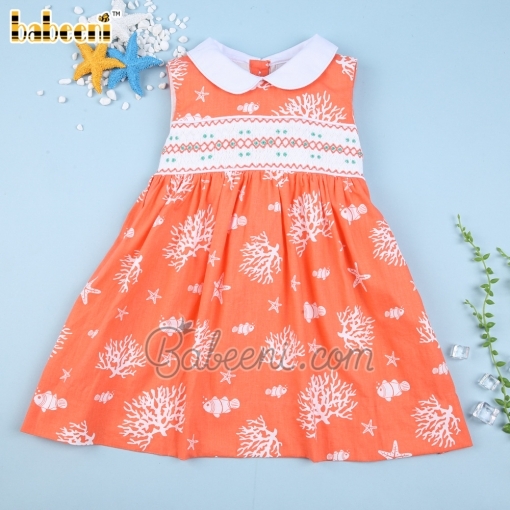 Living coral little girl smocked dress-BB2566