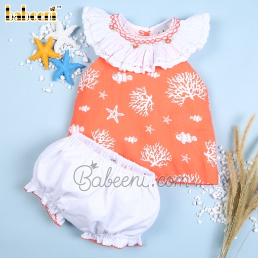 Fancy coral geometric smocking girl short set – BB2612