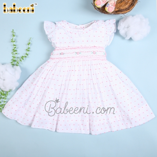 Fancy floral geometric smocking pink swiss dot dress – BB2613