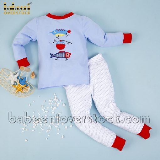 Vibrant appliqued fish boy light blue long set - BB1910