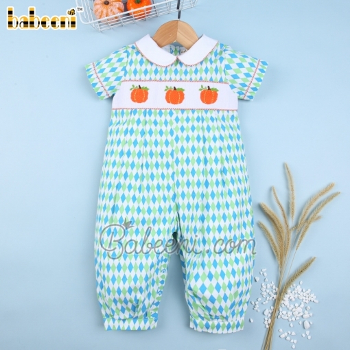 Cute pumpkin hand smocked baby boy long bubble - BB2127