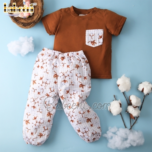 Boy sleepwear set brown top printed long pants - BB2303