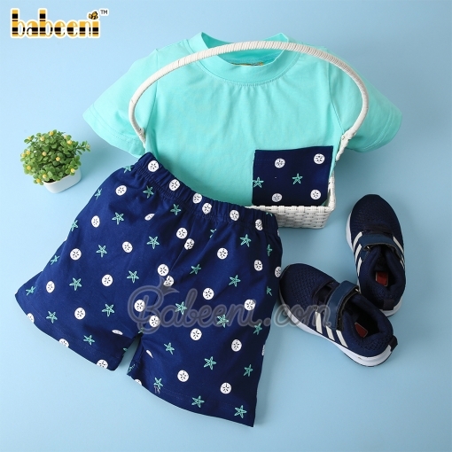 Boy short set pocket mint top printed starfish shorts - BB2304
