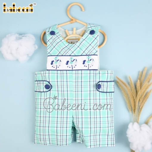 Cute smocked merry-go-round mint navy plaid shortalls - BB2014