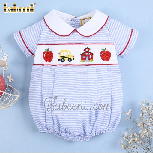 School bus smock boy bubble blue stripe seersucker - BB3389A