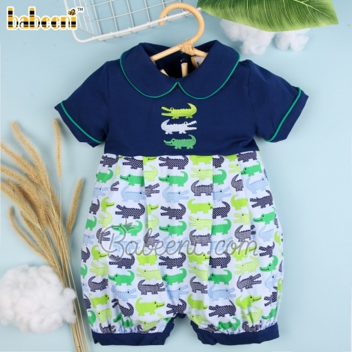 Applique crocodile boy bubble short sleeve navy and print - BB2265