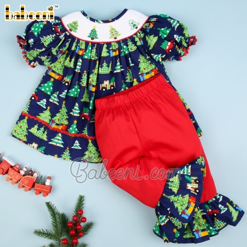 Xmas tree smocked girl set print top red bottom - BB2267