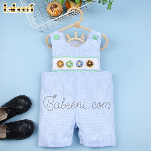 Smocked donut boy baby blue gingham shortall - BB1946