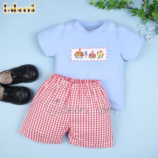 Amusement park smocked blue red check boy short set - BB2007