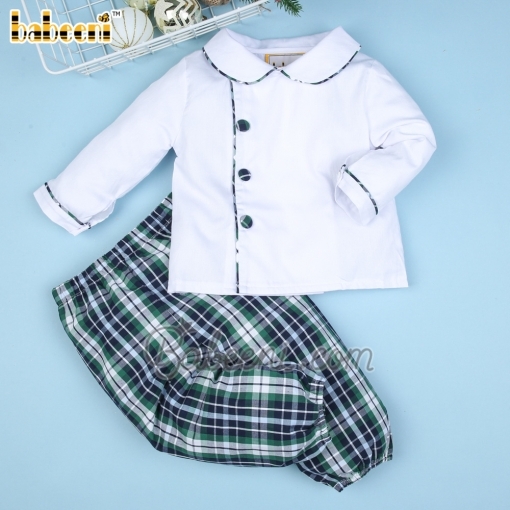 Boy long set white top green plaid pants - BB2282A