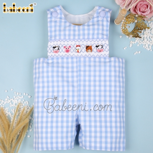 Smocked farm animal boy blue check shortall - BB1963