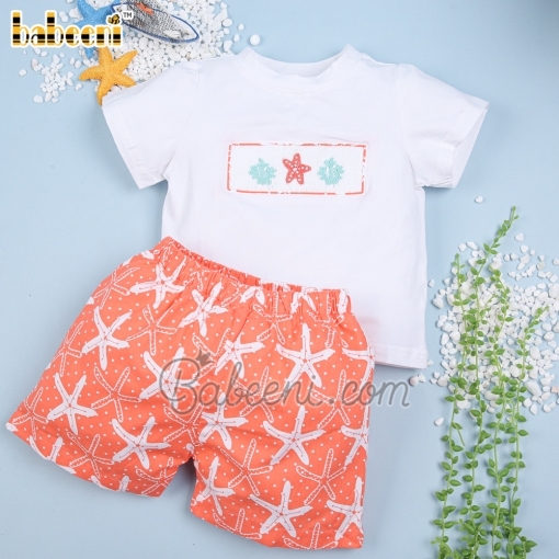 Smocked starfish coral white boy set - BB2069