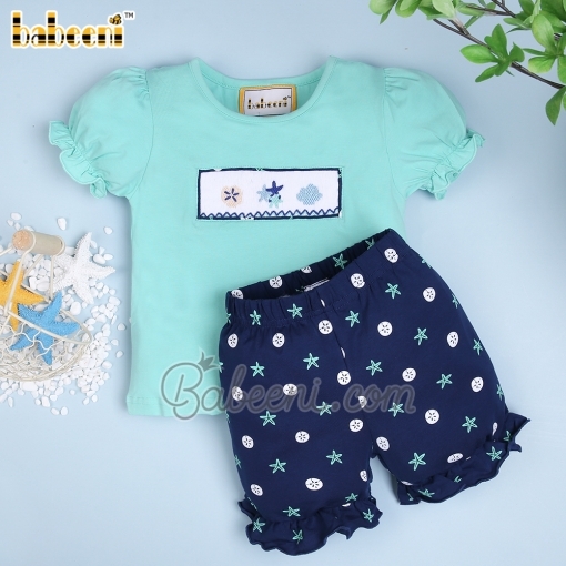 Summer girl set mint navy smocked stafish - BB1845