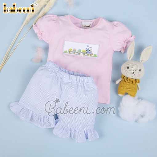 Smocked Easter train blue stripe seersucker baby set – BB2707