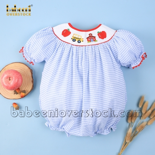 School bus smocked girl bubble blue stripe seersucker - BB2157