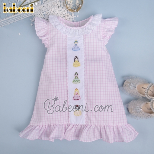 Shadow embroidery princess girl dress pink windowpane - BB2059