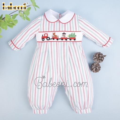 Train carrying Christmas gift smocked boy bubble – BB2854A