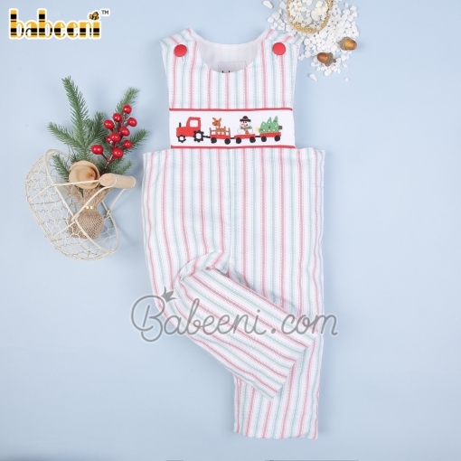 Train carrying Christmas gift smocked boy shortall – BB2862