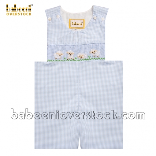 Smocked sheep boy blue gingham shortall - BB2068