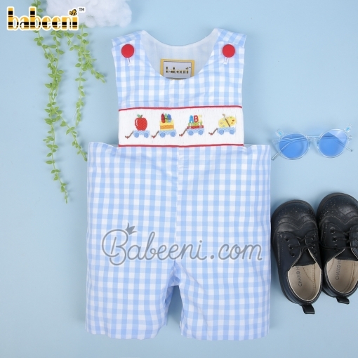 Adorable smocked shortall back to school blue check - BB2154