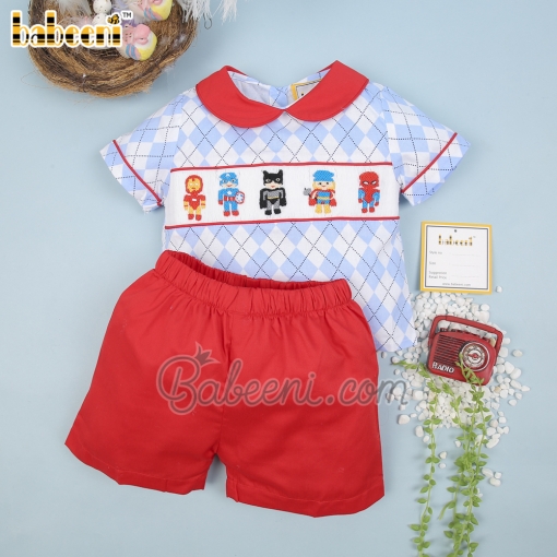 Colorful smocked hero rhombus boy set - BB1852