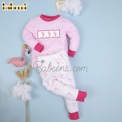 Cute smocked flamingo girl pink long set - BB1908