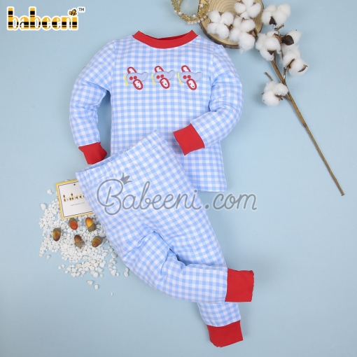 Appliqued airplane baby blue gingham boy sleepwear set - BB1990