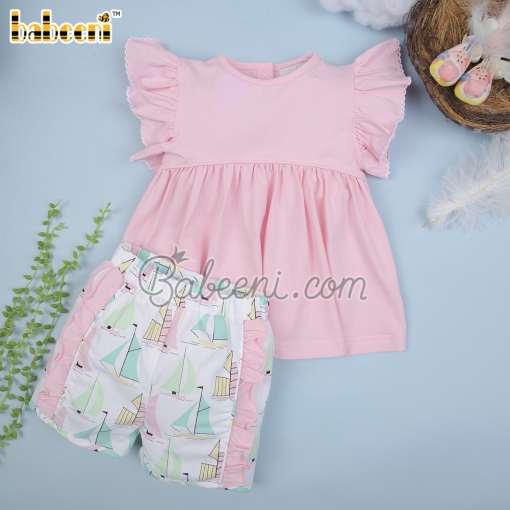 Sailboat printed pink girl short set – BB2998