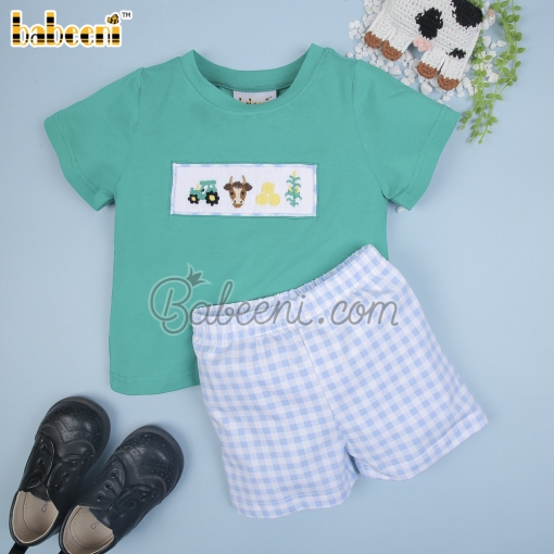 Farm hand smocked boy short set – BB3028