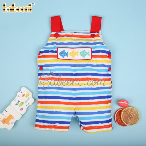 Colorful fish Hand smocked boy shortall - BB3066B