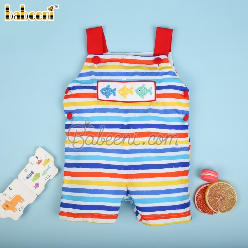 Colorful fish Hand smocked boy shortall - BB3066