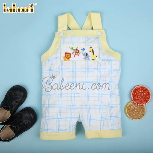 Animal hand smocked boy plaid shortall – BB3071