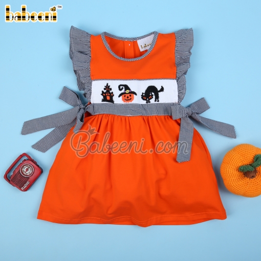 Halloween pattern hand smocked orange dress – BB3077A