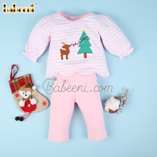 Deer & Christmas tree pattern applique girl 2 piece set – BB3086