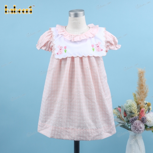 Machine Embroidery Dress In Pink With Bunny And Rose For Girl - BB3171A