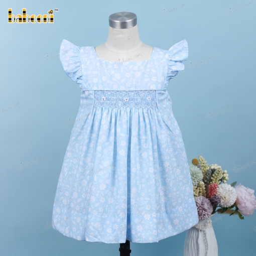 Geometric Smocked Dress In Blue With White Floral For Girl - BB3199C