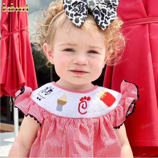 Smocked Bishop Dresses In Pink And White Neck With Icecream For Girl  