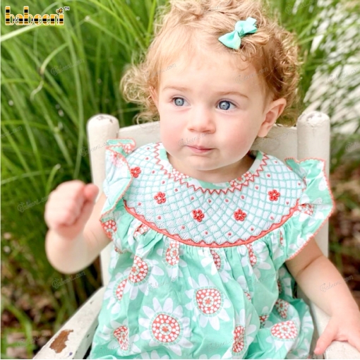 Smocked Bishop In Green With Red Accent Flowers For Girl 