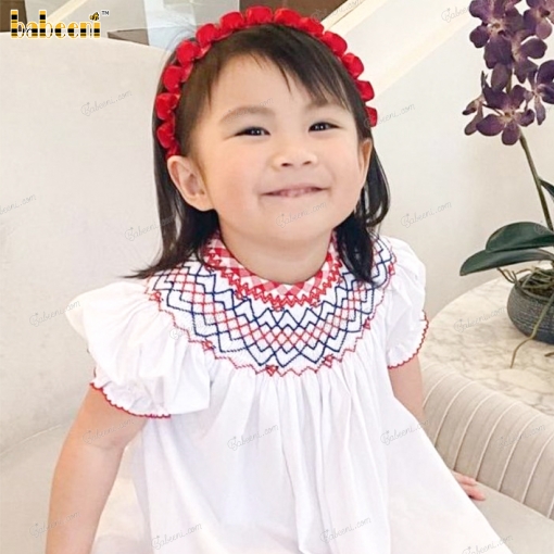 Smocked Bishop In White With Red Accent Around Neck And Sleeve For Girl
