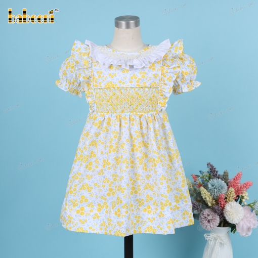 Geometric Smocked Dress In Yellow Floral Embroidery For Girl - BB3218