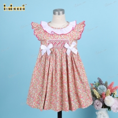 Geometric Smocked Dress In Red Floral White Neck For Girl - BB3219 geometric-smocked-dress-in-red-floral-white-neck-for-girl---bb3219
