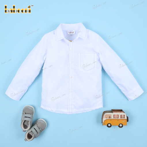 Shirt In Plain White Blue Stitching For Boy - BB3236A