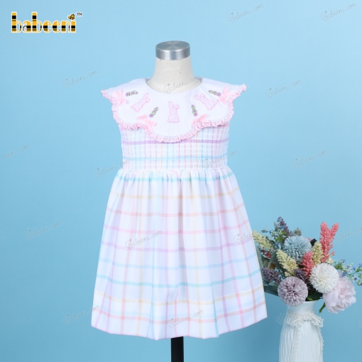 Shirred Dress Hand Embroidery Bunny Pink For Girl - BB3248A